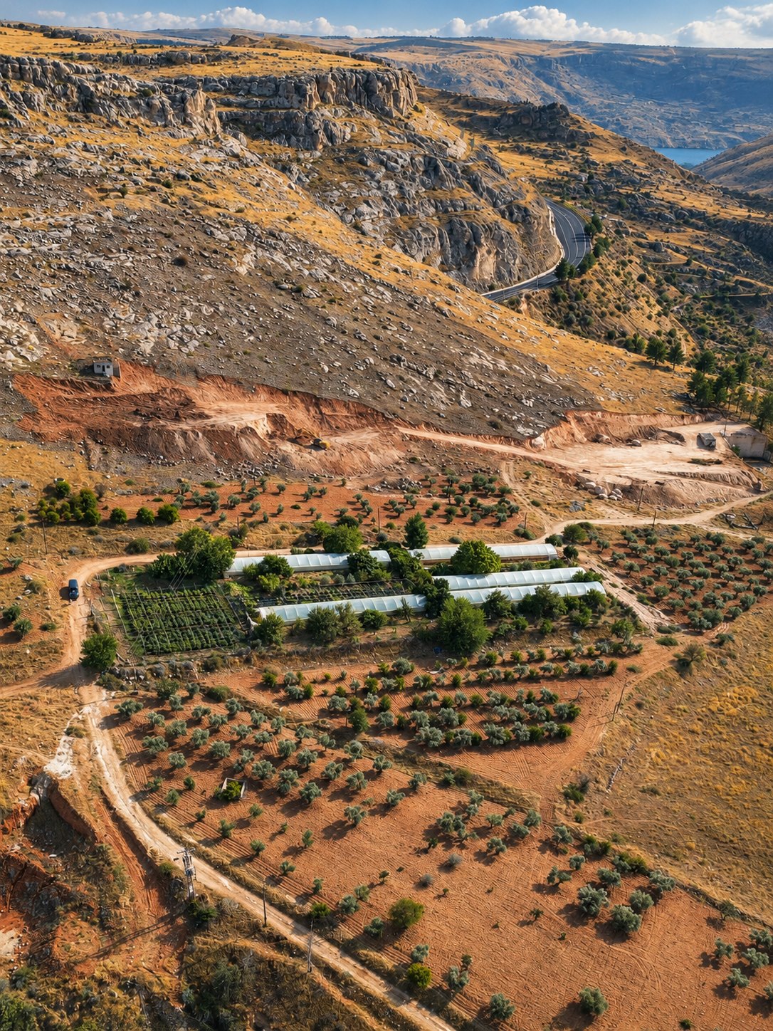 Halfeti yamaçlarındaki karagül yetiştirme alanı ve seralar