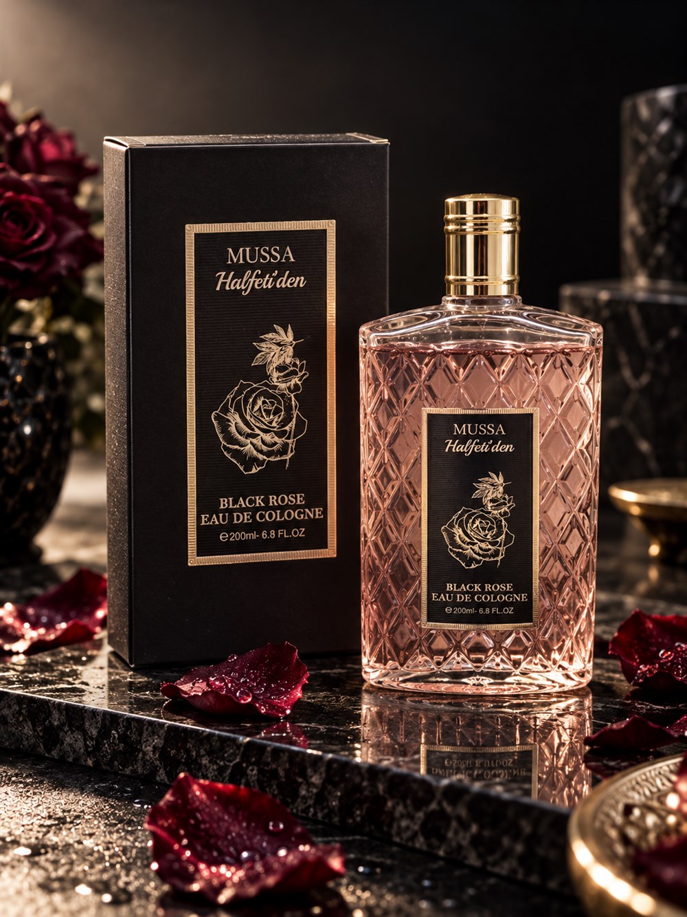 MUSSA Black Rose Kolonyası desenli cam şişe ve kutusu